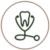 Dental implant icon showing tooth crown with root structure in circular outline.