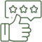 Thumbs up hand with three-star rating badge representing customer satisfaction and dental reviews.